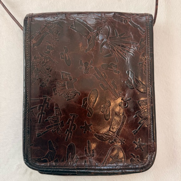 Carlos Falchi Western Cowboy Leather Brown Embossed Crossbody Bag - Picture 3 of 9